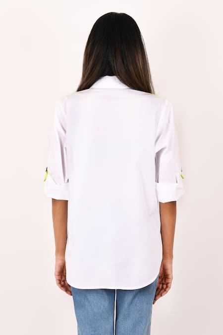 Shop Richaa Goenka White Cotton Hand Embroidery Dragonfly Collared Shirt at Aza Fashions Shop_Richaa Goenka_White Cotton Hand Embroidery Dragonfly Collared Shirt _at_Aza_Fashions