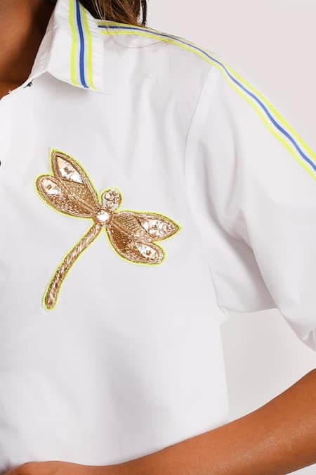 Buy Richaa Goenka White Cotton Hand Embroidery Dragonfly Collared Shirt Online at Aza Fashions Buy_Richaa Goenka_White Cotton Hand Embroidery Dragonfly Collared Shirt _Online_at_Aza_Fashions