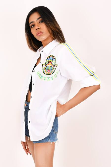 Shop_Richaa Goenka_White Cotton Hand Embroidery Sequin Collared Hamsa Detailed Shirt _at_Aza_Fashions
