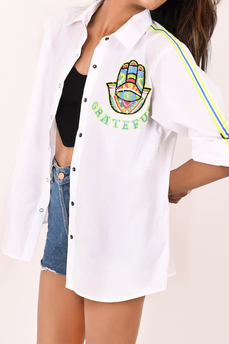 Buy_Richaa Goenka_White Cotton Hand Embroidery Sequin Collared Hamsa Detailed Shirt _Online_at_Aza_Fashions