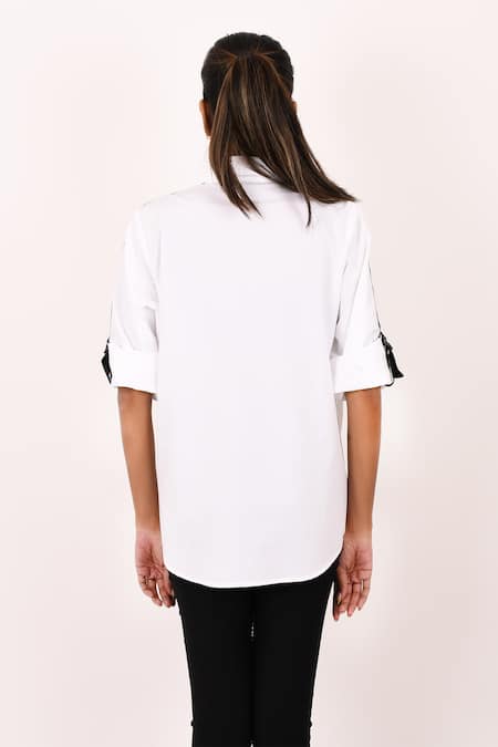 Shop Richaa Goenka White Cotton Hand Work Stripe Tape Collared Eyelet Front Pocket Shirt at Aza Fashions Shop_Richaa Goenka_White Cotton Hand Work Stripe Tape Collared Eyelet Front Pocket Shirt _at_Aza_Fashions