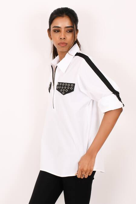 Richaa Goenka White Cotton Hand Work Stripe Tape Collared Eyelet Front Pocket Shirt Online at Aza Fashions Richaa Goenka_White Cotton Hand Work Stripe Tape Collared Eyelet Front Pocket Shirt _Online_at_Aza_Fashions