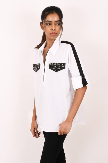 Buy Richaa Goenka White Cotton Hand Work Stripe Tape Collared Eyelet Front Pocket Shirt Online at Aza Fashions Buy_Richaa Goenka_White Cotton Hand Work Stripe Tape Collared Eyelet Front Pocket Shirt _Online_at_Aza_Fashions