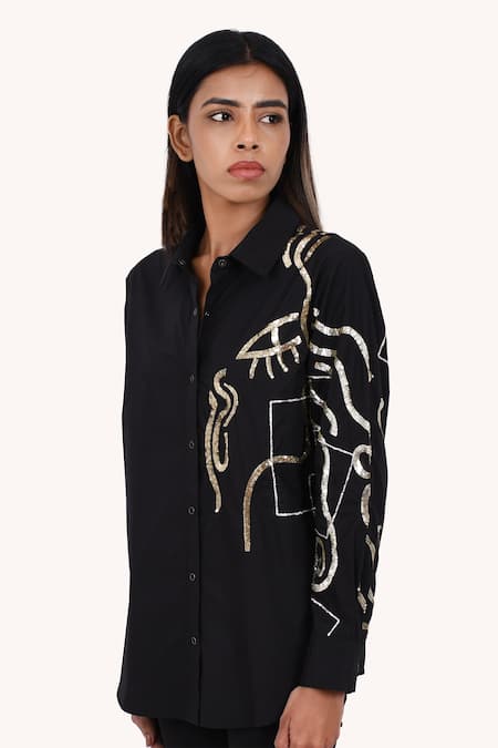 Richaa Goenka_Black Cotton Sequins Collared Hand Embroidered Shirt _Online_at_Aza_Fashions