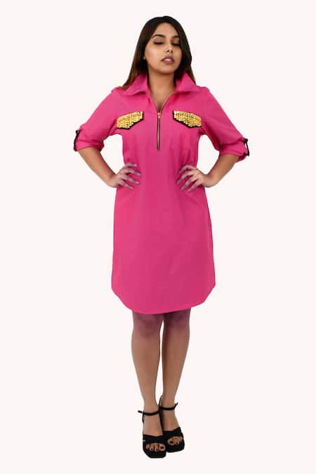 Richaa Goenka Pink Cotton Hand Work Studs Collared Studded Front Pocket Dress