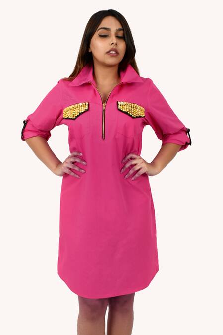 Richaa Goenka_Pink Cotton Hand Work Studs Collared Studded Front Pocket Dress _Online_at_Aza_Fashions