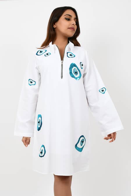Shop Richaa Goenka White Cotton Hand Embroidery Abstract Evil Eye Collared Dress at Aza Fashions Shop_Richaa Goenka_White Cotton Hand Embroidery Abstract Evil Eye Collared Dress _at_Aza_Fashions