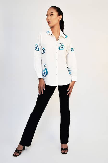 Richaa Goenka White Cotton Hand Embroidery Abstract Evil Eye Collared Shirt