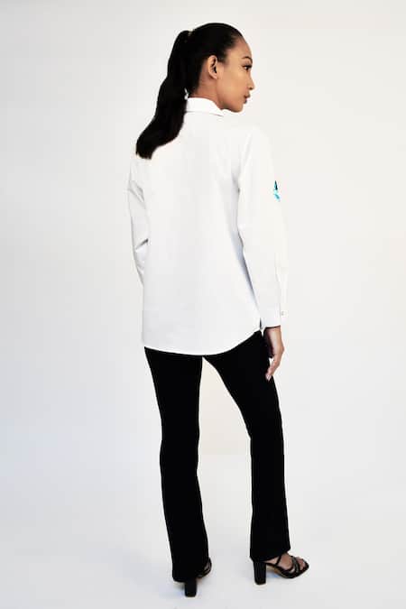 Shop Richaa Goenka White Cotton Hand Embroidery Abstract Evil Eye Collared Shirt at Aza Fashions Shop_Richaa Goenka_White Cotton Hand Embroidery Abstract Evil Eye Collared Shirt _at_Aza_Fashions