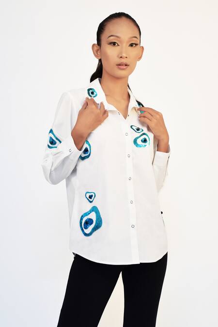 Richaa Goenka White Cotton Hand Embroidery Abstract Evil Eye Collared Shirt Online at Aza Fashions Richaa Goenka_White Cotton Hand Embroidery Abstract Evil Eye Collared Shirt _Online_at_Aza_Fashions