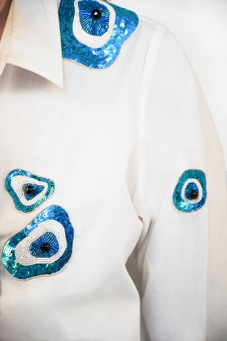Buy Richaa Goenka White Cotton Hand Embroidery Abstract Evil Eye Collared Shirt Online at Aza Fashions Buy_Richaa Goenka_White Cotton Hand Embroidery Abstract Evil Eye Collared Shirt _Online_at_Aza_Fashions