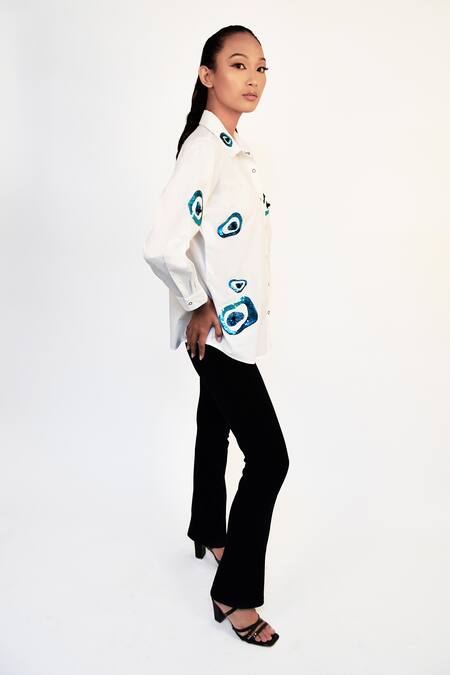 Shop Richaa Goenka White Cotton Hand Embroidery Abstract Evil Eye Collared Shirt Online at Aza Fashions Shop_Richaa Goenka_White Cotton Hand Embroidery Abstract Evil Eye Collared Shirt _Online_at_Aza_Fashions