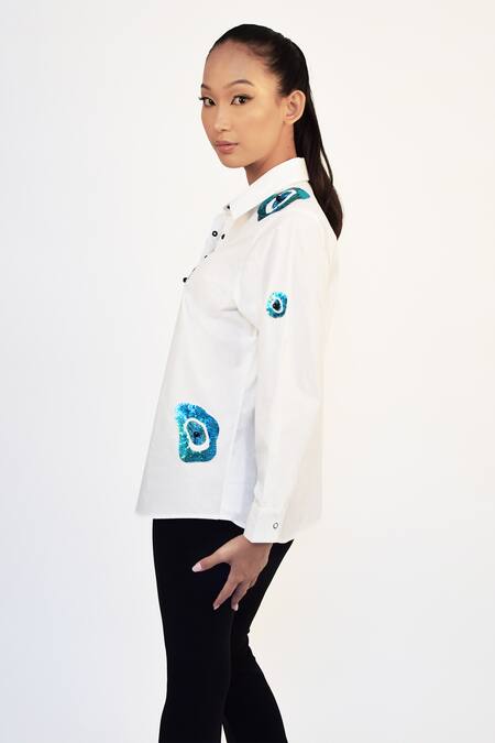 Richaa Goenka White Cotton Hand Embroidery Abstract Evil Eye Collared Shirt at Aza Fashions Richaa Goenka_White Cotton Hand Embroidery Abstract Evil Eye Collared Shirt _at_Aza_Fashions