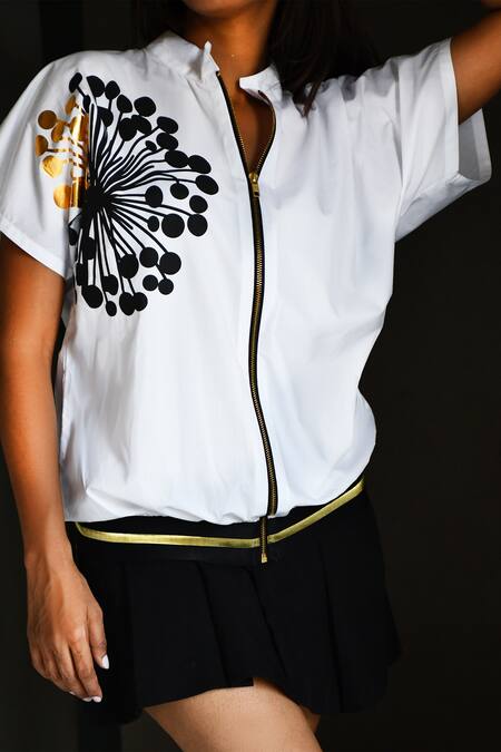 Buy Richaa Goenka White Cotton Printed Flower Band Collar Shirt Online at Aza Fashions Buy_Richaa Goenka_White Cotton Printed Flower Band Collar Shirt _Online_at_Aza_Fashions