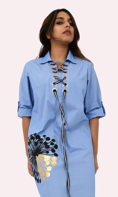 Buy Richaa Goenka Blue Cotton Printed Flower Collared Eyelet Front Placket Dress Online at Aza Fashions Buy_Richaa Goenka_Blue Cotton Printed Flower Collared Eyelet Front Placket Dress _Online_at_Aza_Fashions