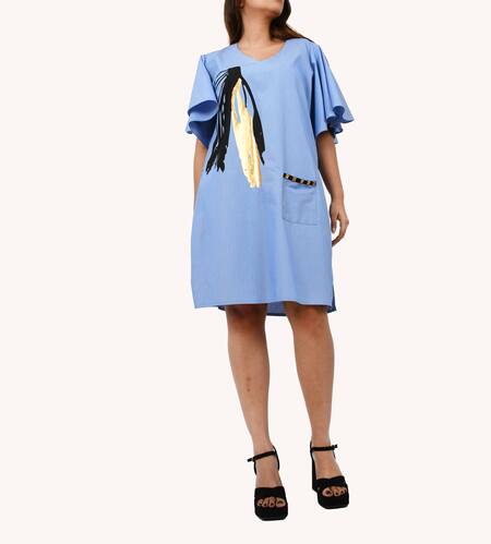 Richaa Goenka_Blue Cotton Printed Leaf V Neck Pinstripe Flared Sleeve Dress _Online_at_Aza_Fashions