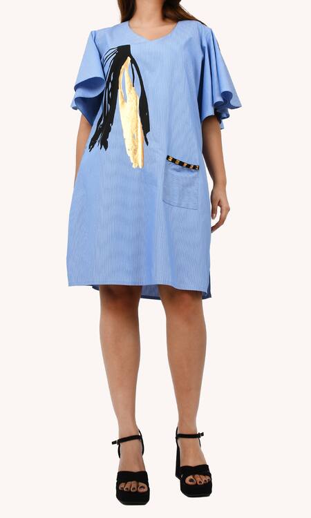 Buy_Richaa Goenka_Blue Cotton Printed Leaf V Neck Pinstripe Flared Sleeve Dress _Online_at_Aza_Fashions