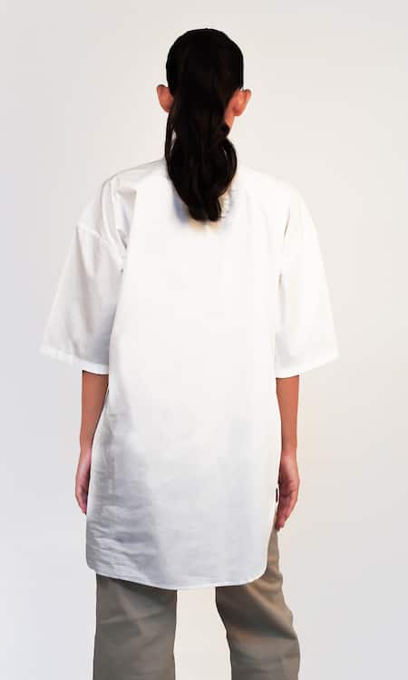 Shop Richaa Goenka White Cotton Applique Leather Collared Work Asymmetric Shirt at Aza Fashions Shop_Richaa Goenka_White Cotton Applique Leather Collared Work Asymmetric Shirt _at_Aza_Fashions