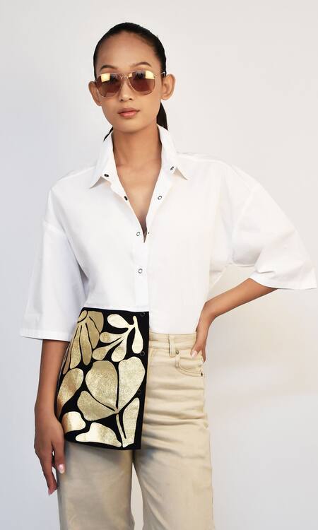 Richaa Goenka White Cotton Applique Leather Collared Work Asymmetric Shirt Online at Aza Fashions Richaa Goenka_White Cotton Applique Leather Collared Work Asymmetric Shirt _Online_at_Aza_Fashions