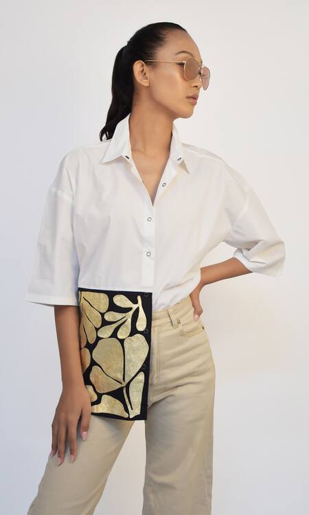 Shop Richaa Goenka White Cotton Applique Leather Collared Work Asymmetric Shirt Online at Aza Fashions Shop_Richaa Goenka_White Cotton Applique Leather Collared Work Asymmetric Shirt _Online_at_Aza_Fashions