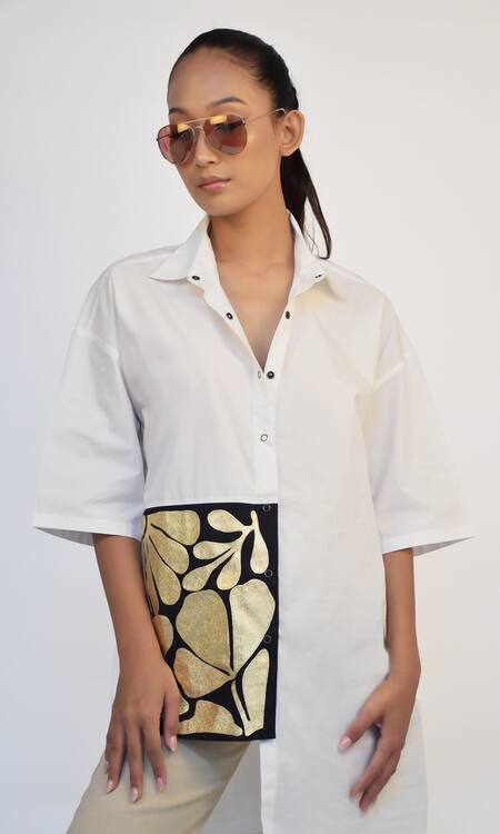 Richaa Goenka White Cotton Applique Leather Collared Work Asymmetric Shirt at Aza Fashions Richaa Goenka_White Cotton Applique Leather Collared Work Asymmetric Shirt _at_Aza_Fashions