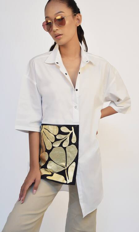 Buy Richaa Goenka White Cotton Applique Leather Collared Work Asymmetric Shirt Buy_Richaa Goenka_White Cotton Applique Leather Collared Work Asymmetric Shirt