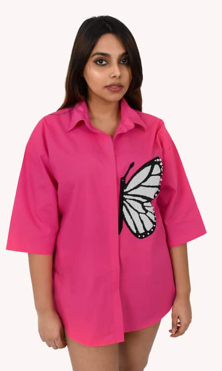 Richaa Goenka Pink Cotton Hand Embroidery Bead Collared Butterfly Oversized Shirt