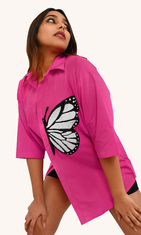 Shop Richaa Goenka Pink Cotton Hand Embroidery Bead Collared Butterfly Oversized Shirt at Aza Fashions Shop_Richaa Goenka_Pink Cotton Hand Embroidery Bead Collared Butterfly Oversized Shirt _at_Aza_Fashions