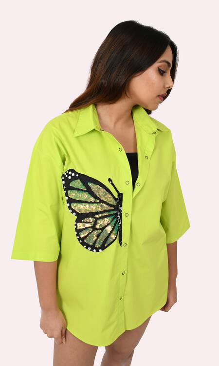 Richaa Goenka Green Cotton Hand Embroidery Bead Collared Butterfly Oversized Shirt Online at Aza Fashions Richaa Goenka_Green Cotton Hand Embroidery Bead Collared Butterfly Oversized Shirt _Online_at_Aza_Fashions