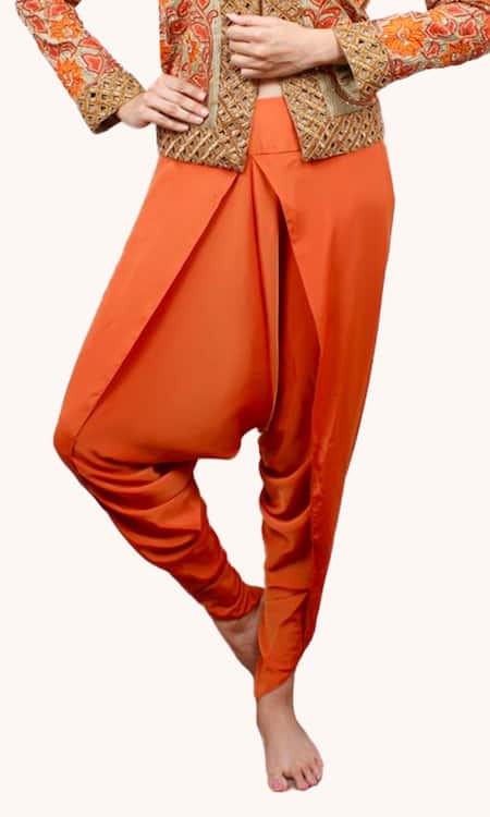 Richaa Goenka Orange Crepe Hand Embroidery Solid Dhoti Pant Online at Aza Fashions Richaa Goenka_Orange Crepe Hand Embroidery Solid Dhoti Pant _Online_at_Aza_Fashions