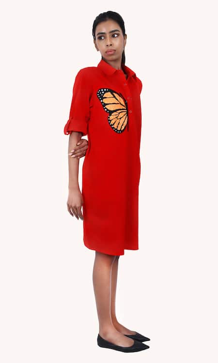 Shop Richaa Goenka Red Cotton Hand Embroidery Butterfly Collared Short Dress at Aza Fashions Shop_Richaa Goenka_Red Cotton Hand Embroidery Butterfly Collared Short Dress _at_Aza_Fashions