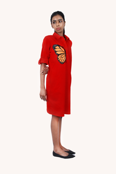 Richaa Goenka Red Cotton Hand Embroidery Butterfly Collared Short Dress Online at Aza Fashions Richaa Goenka_Red Cotton Hand Embroidery Butterfly Collared Short Dress _Online_at_Aza_Fashions