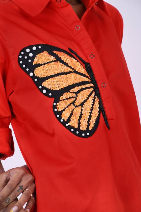 Buy Richaa Goenka Red Cotton Hand Embroidery Butterfly Collared Short Dress Online at Aza Fashions Buy_Richaa Goenka_Red Cotton Hand Embroidery Butterfly Collared Short Dress _Online_at_Aza_Fashions