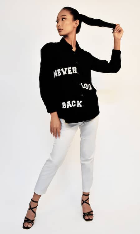 Richaa Goenka Black Cotton Hand Embroidery Bead Collared Shirt