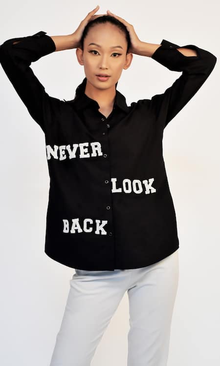 Richaa Goenka Black Cotton Hand Embroidery Bead Collared Shirt Online at Aza Fashions Richaa Goenka_Black Cotton Hand Embroidery Bead Collared Shirt _Online_at_Aza_Fashions