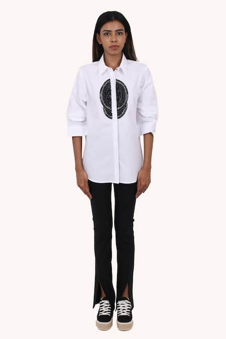 Richaa Goenka White Cotton Hand Embroidered Beads Collar Shirt
