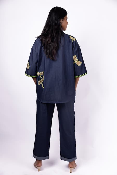 Shop Richaa Goenka Blue Cotton Hand Embroidered Zardosi Collar Dragon Flies Shirt And Pant Set at Aza Fashions Shop_Richaa Goenka_Blue Cotton Hand Embroidered Zardosi Collar Dragon Flies Shirt And Pant Set _at_Aza_Fashions