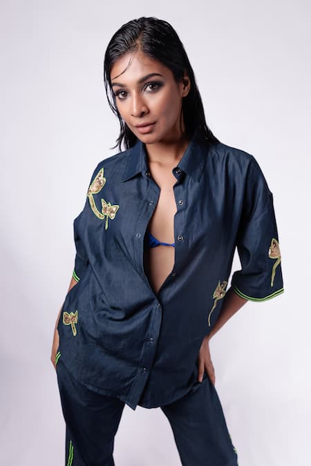 Richaa Goenka Blue Denim Hand Embroidered Zardosi Collar Dragon Flies Cotton Shirt
