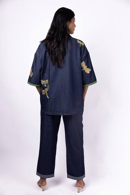 Shop Richaa Goenka Blue Denim Hand Embroidered Zardosi Collar Dragon Flies Cotton Shirt at Aza Fashions Shop_Richaa Goenka_Blue Denim Hand Embroidered Zardosi Collar Dragon Flies Cotton Shirt _at_Aza_Fashions