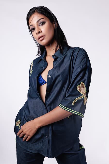 Richaa Goenka Blue Denim Hand Embroidered Zardosi Collar Dragon Flies Cotton Shirt Online at Aza Fashions Richaa Goenka_Blue Denim Hand Embroidered Zardosi Collar Dragon Flies Cotton Shirt _Online_at_Aza_Fashions