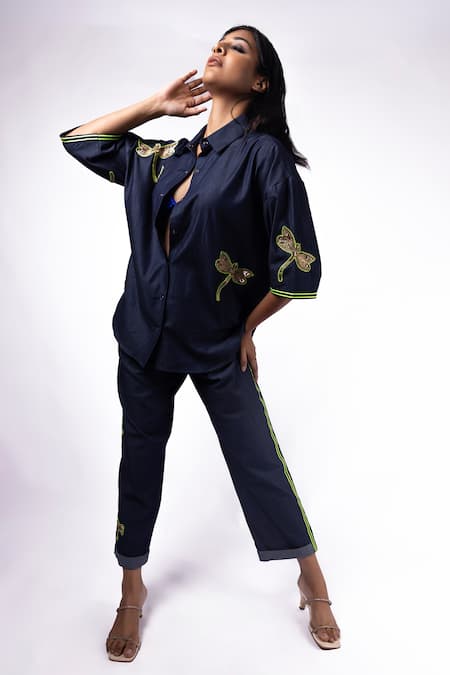 Buy Richaa Goenka Blue Denim Hand Embroidered Zardosi Collar Dragon Flies Cotton Shirt Online at Aza Fashions Buy_Richaa Goenka_Blue Denim Hand Embroidered Zardosi Collar Dragon Flies Cotton Shirt _Online_at_Aza_Fashions