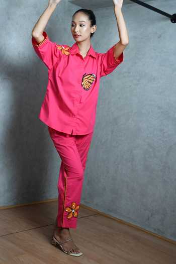 Richaa Goenka Pink Cotton Hand Embroidered Sequins Collar Shirt And Pant Set Online at Aza Fashions Richaa Goenka_Pink Cotton Hand Embroidered Sequins Collar Shirt And Pant Set _Online_at_Aza_Fashions