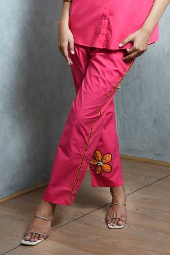 Shop Richaa Goenka Pink Cotton Hand Embroidered Sequins Collar Shirt And Pant Set Online at Aza Fashions Shop_Richaa Goenka_Pink Cotton Hand Embroidered Sequins Collar Shirt And Pant Set _Online_at_Aza_Fashions