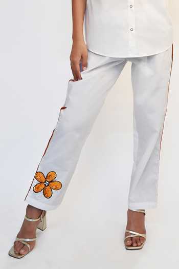 Richaa Goenka_White Cotton Hand Embroidered Sequins Collar Shirt And Pant Set _Online_at_Aza_Fashions