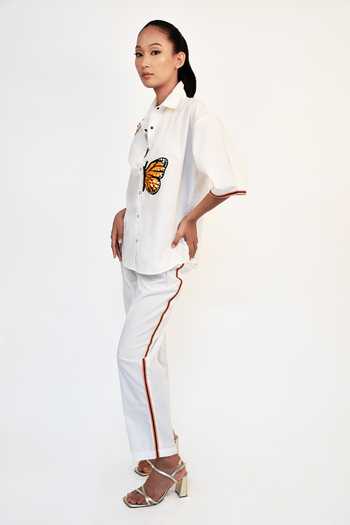 Buy_Richaa Goenka_White Cotton Hand Embroidered Sequins Collar Shirt And Pant Set _Online_at_Aza_Fashions