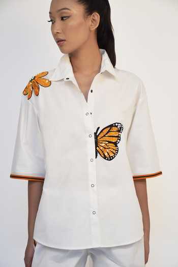 Shop_Richaa Goenka_White Cotton Hand Embroidered Sequins Collar Shirt And Pant Set _Online_at_Aza_Fashions