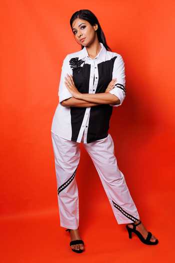 Shop Richaa Goenka Black Cotton Hand Embroidered Beads Collar Rose Shirt And Pant Set Online at Aza Fashions Shop_Richaa Goenka_Black Cotton Hand Embroidered Beads Collar Rose Shirt And Pant Set _Online_at_Aza_Fashions