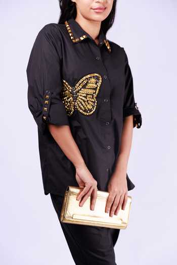 Richaa Goenka_Black Cotton Hand Embroidered Studs Collar Shirt _Online_at_Aza_Fashions