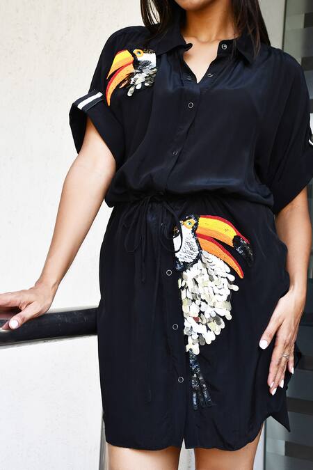 Richaa Goenka_Black Cotton Hand Embroidered Sequins Collar Toucan Bird Dress _Online_at_Aza_Fashions