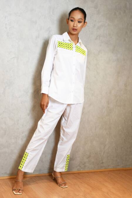 Richaa Goenka White Cotton Hand Embroidered Sequins Collar Yoke Shirt And Pant Set Online at Aza Fashions Richaa Goenka_White Cotton Hand Embroidered Sequins Collar Yoke Shirt And Pant Set _Online_at_Aza_Fashions